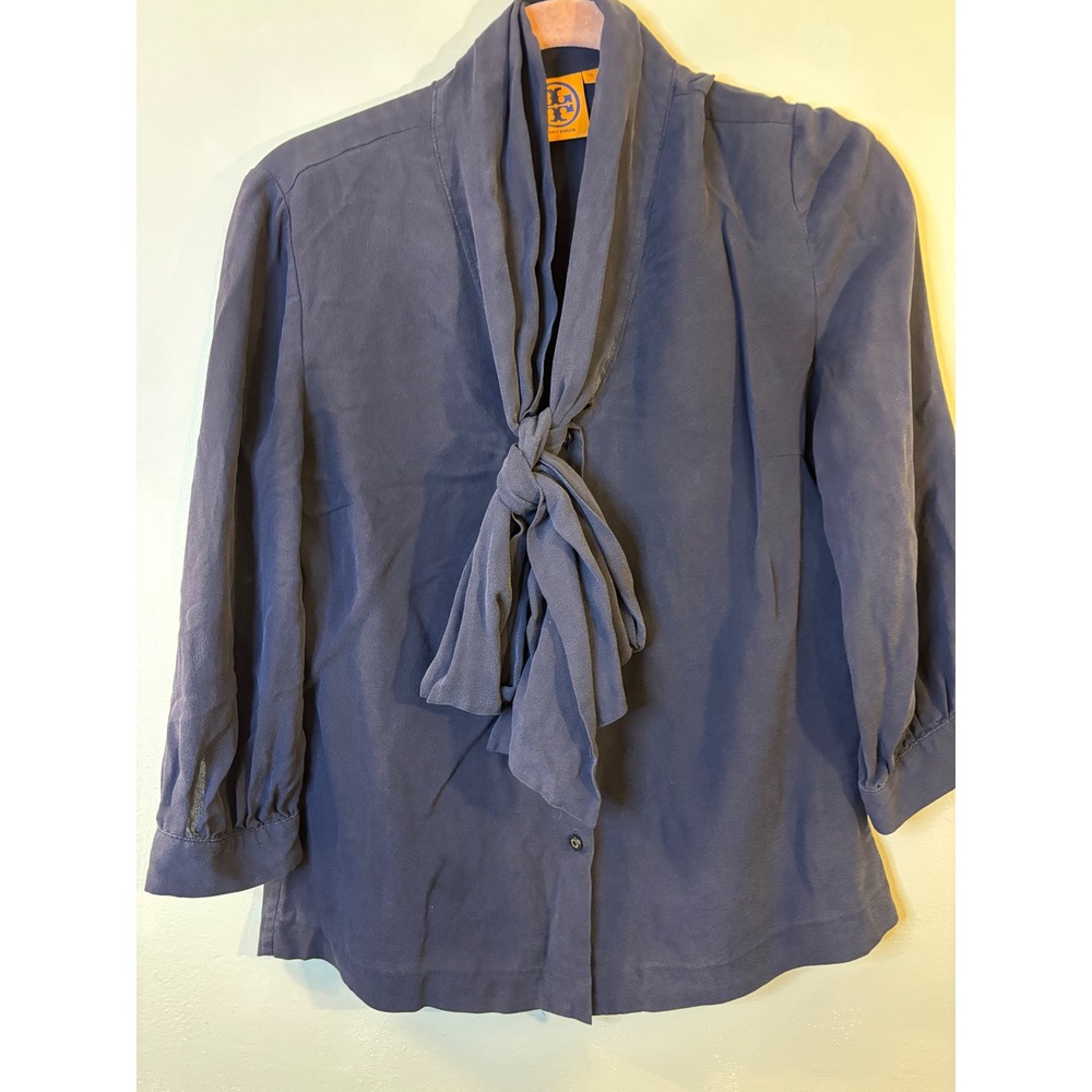 Tory Burch Navy Blue Silk Tie Neck Short Sleeve Blouse 2